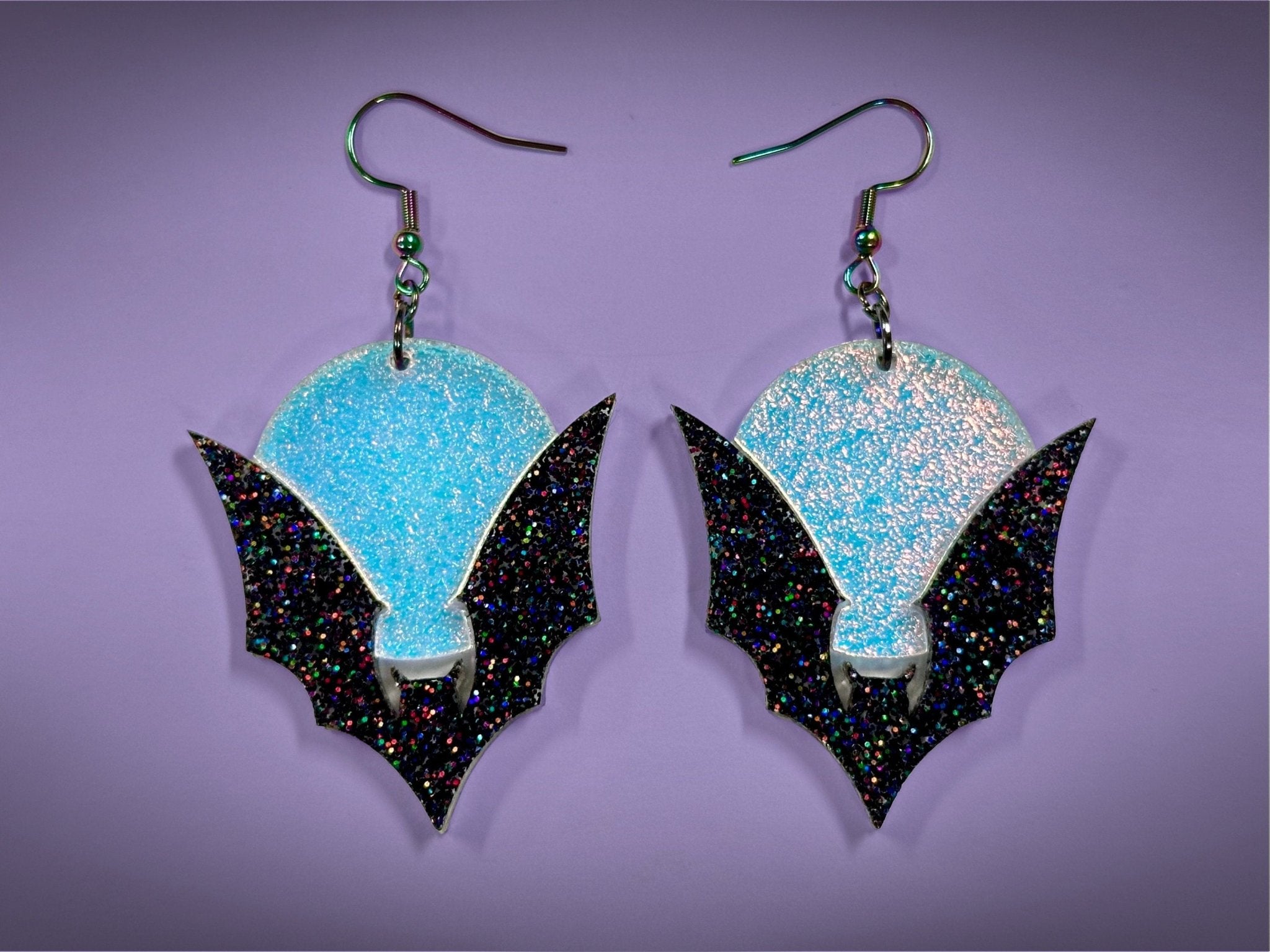Bat and Full Moon Earrings | Black Rainbow Glitter and Textured Iridescent Halloween Dangles - Painted Raina