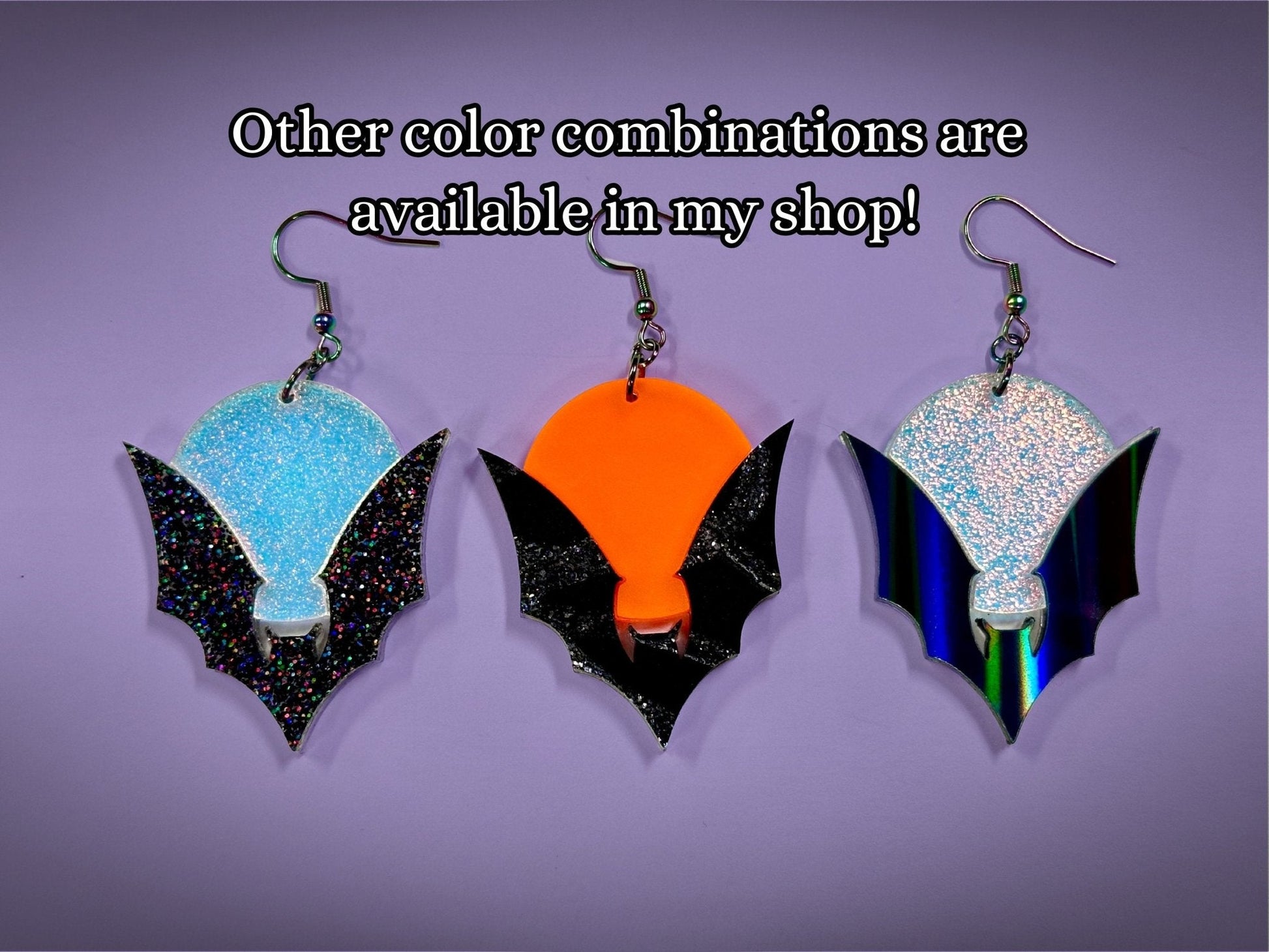 Bat and Full Moon Earrings | Black Rainbow Glitter and Textured Iridescent Halloween Dangles - Painted Raina