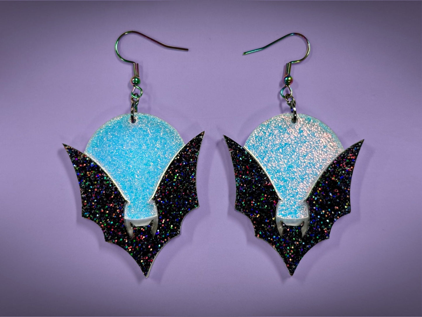 Bat and Full Moon Earrings | Black Rainbow Glitter and Textured Iridescent Halloween Dangles - Painted Raina