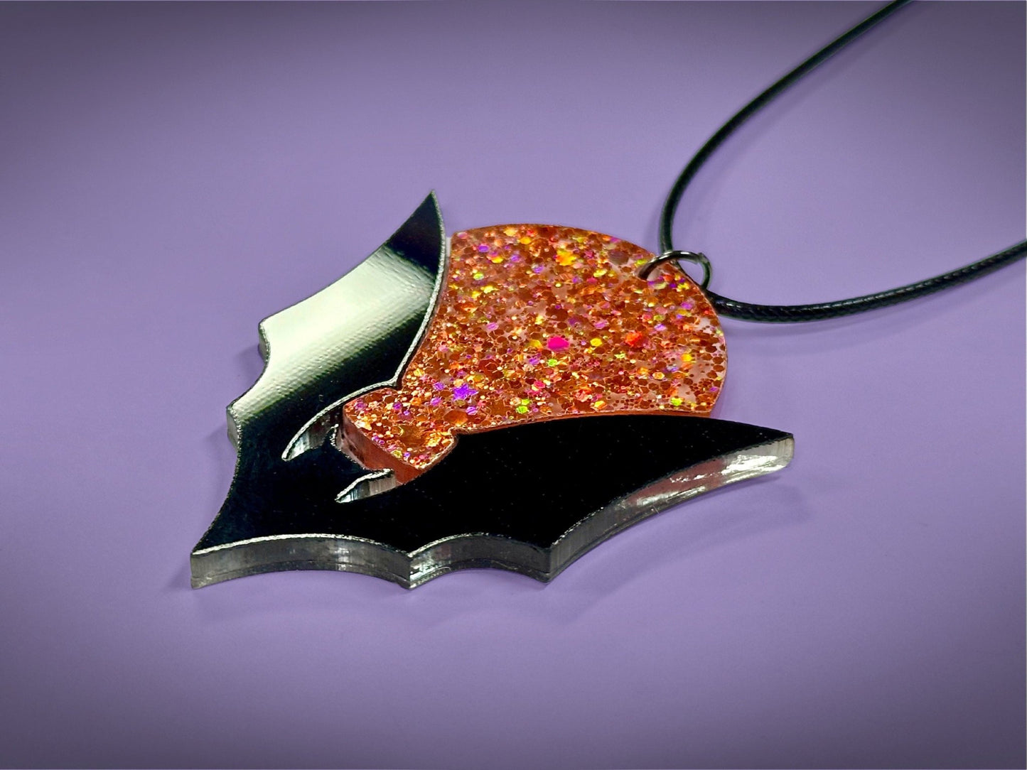 Bat and Full Moon Pendant | Black and Holographic Harvest Orange Glitter Halloween Necklace - Painted Raina