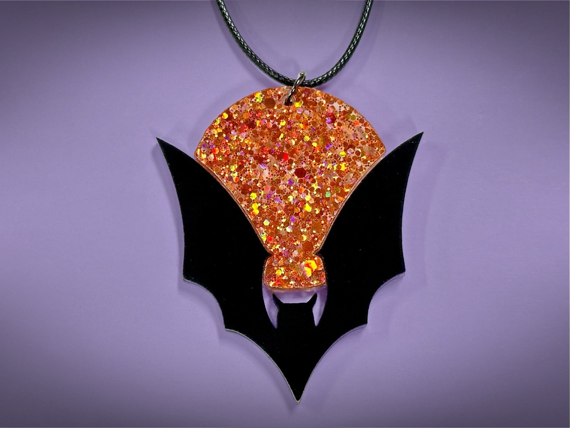 Bat and Full Moon Pendant | Black and Holographic Harvest Orange Glitter Halloween Necklace - Painted Raina