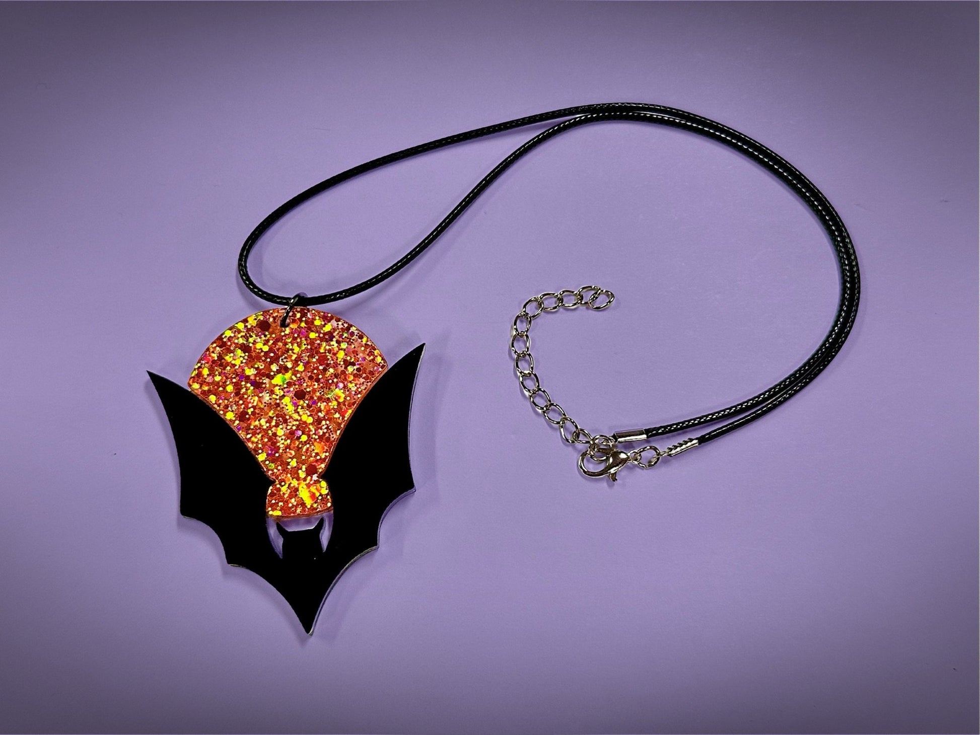 Bat and Full Moon Pendant | Black and Holographic Harvest Orange Glitter Halloween Necklace - Painted Raina