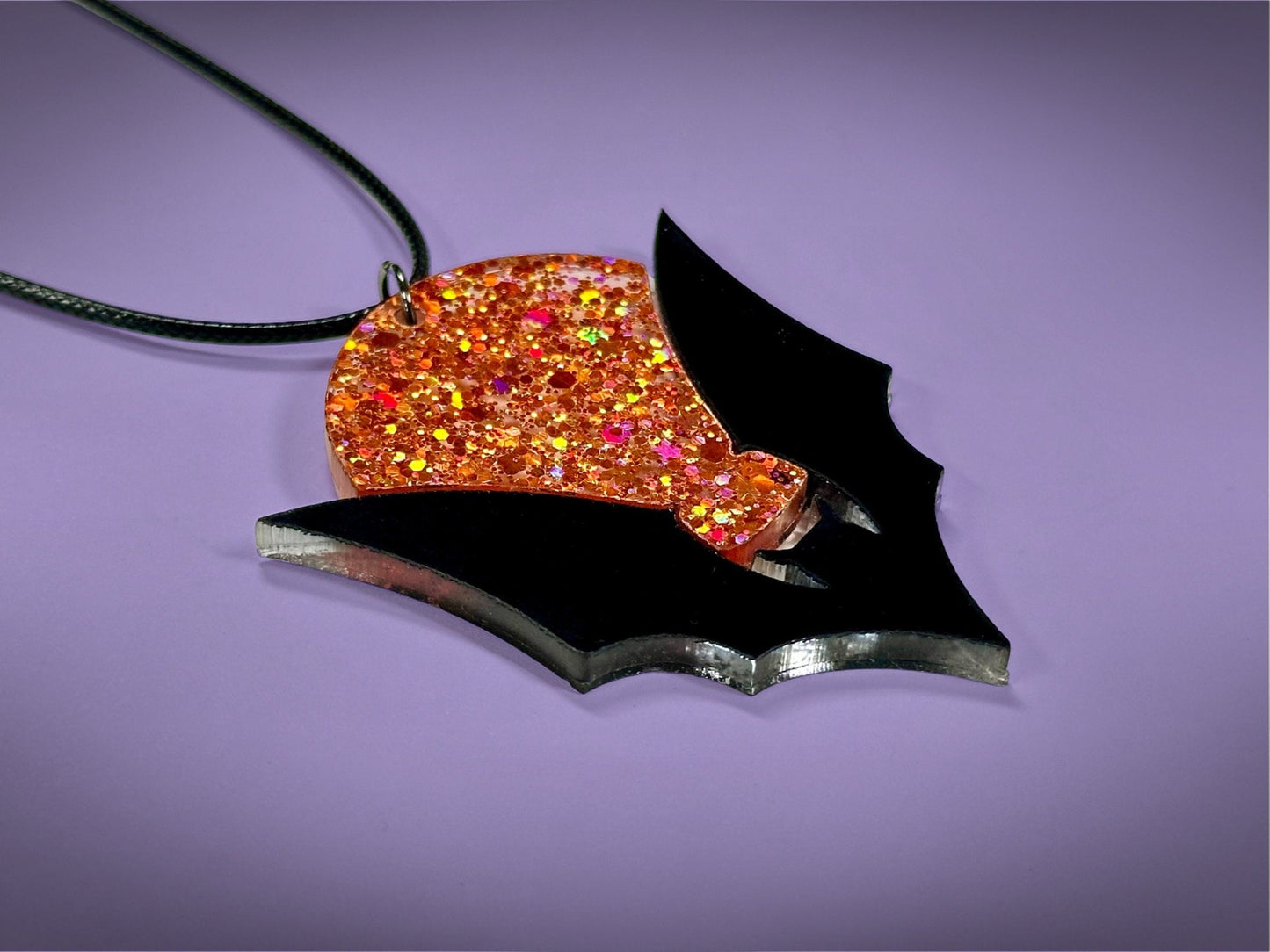 Bat and Full Moon Pendant | Black and Holographic Harvest Orange Glitter Halloween Necklace - Painted Raina