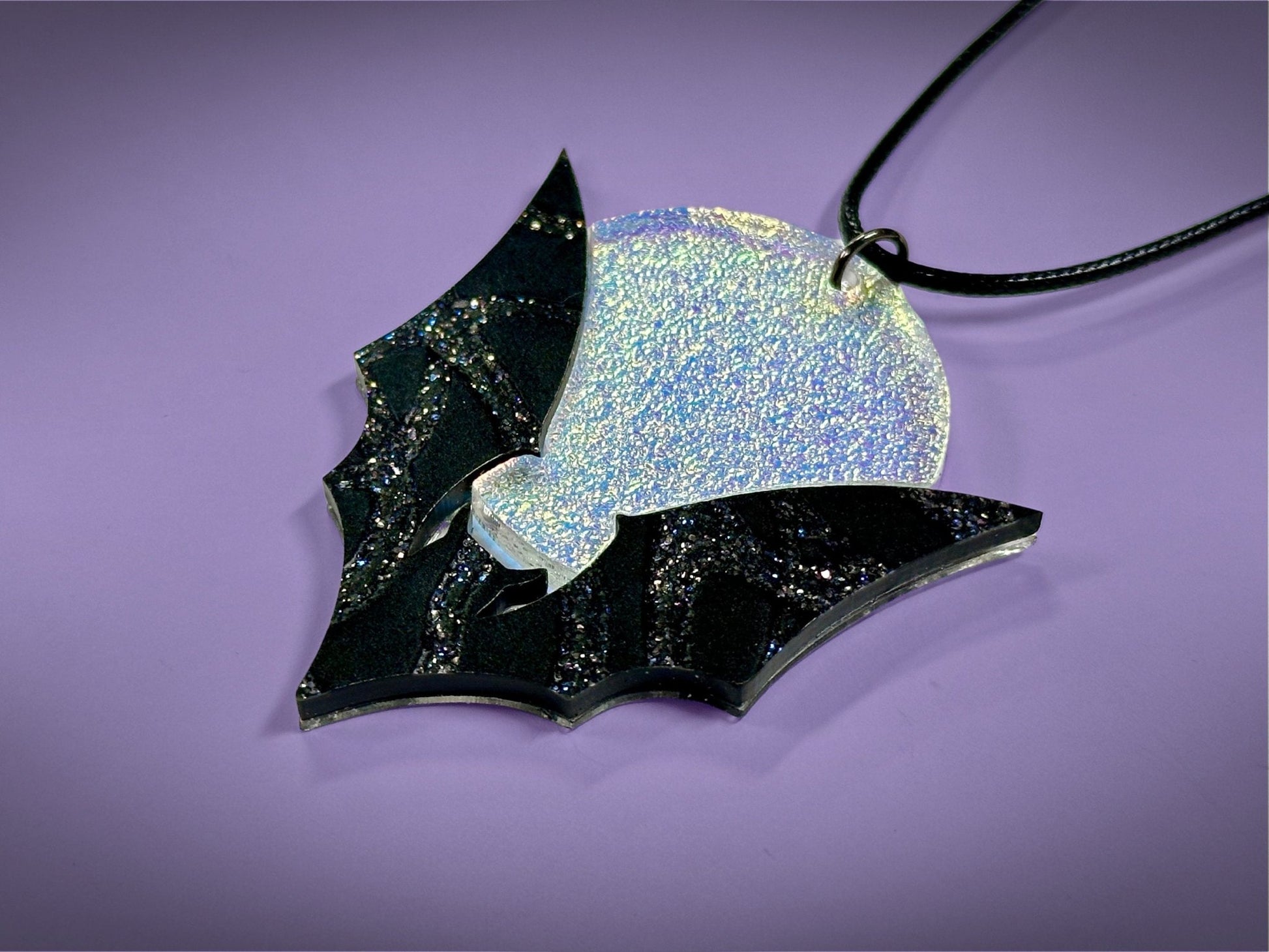 Bat and Full Moon Pendant | Black Crackle Glitter and Textured Iridescent Halloween Necklace - Painted Raina