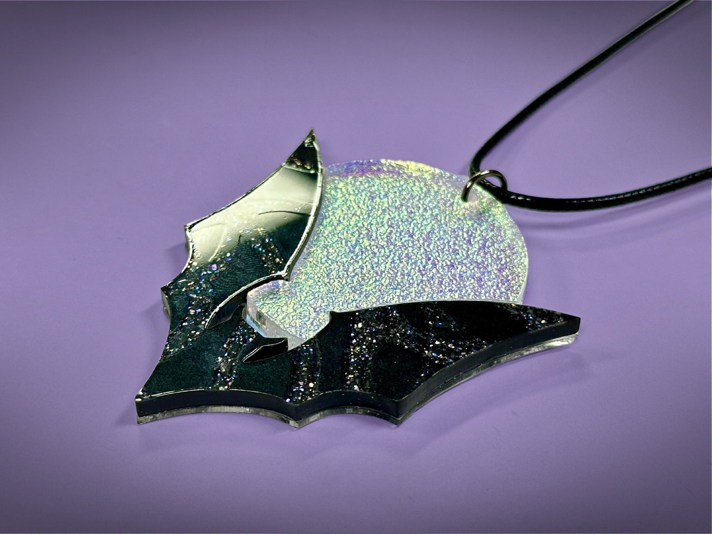 Bat and Full Moon Pendant | Black Crackle Glitter and Textured Iridescent Halloween Necklace - Painted Raina