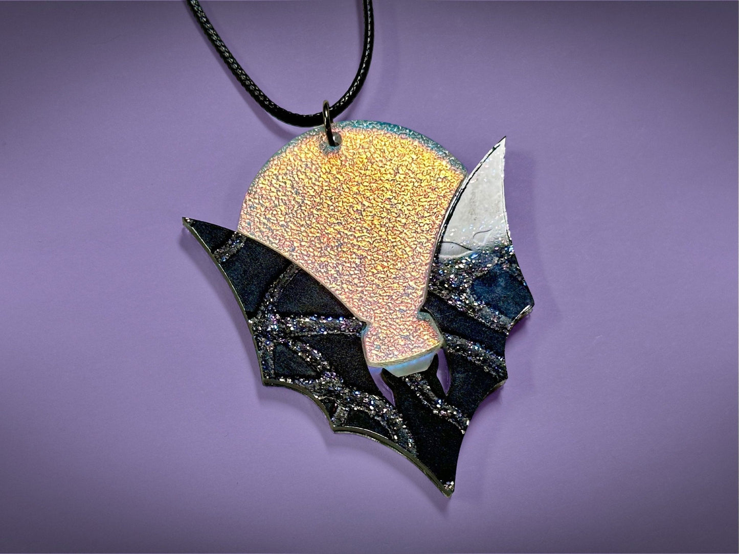 Bat and Full Moon Pendant | Black Crackle Glitter and Textured Iridescent Halloween Necklace - Painted Raina