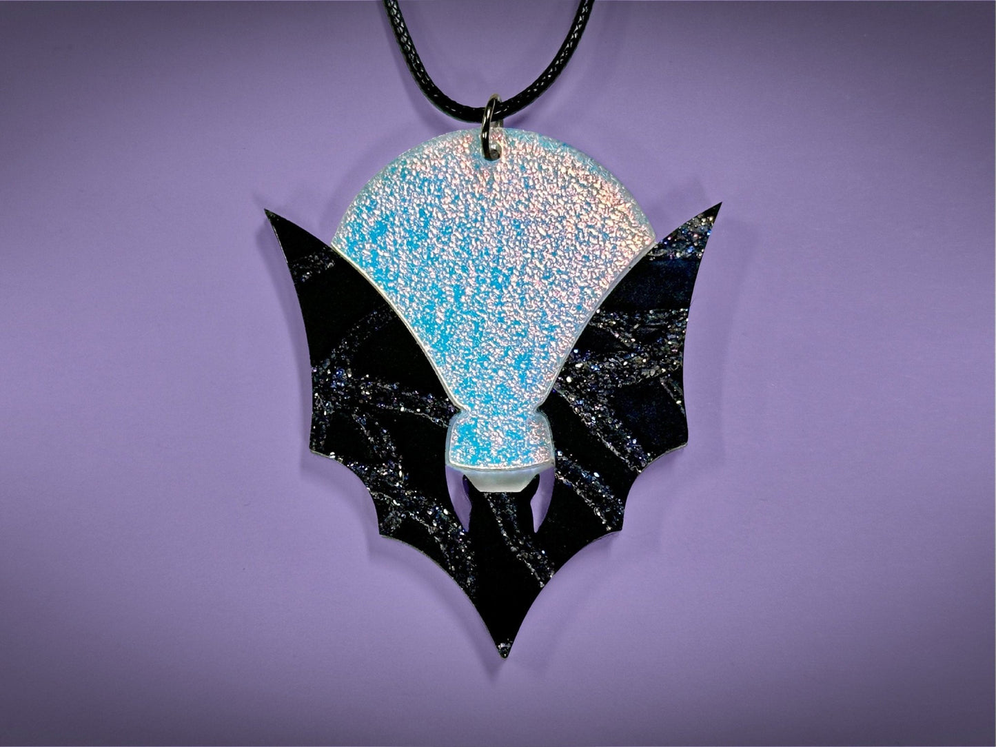 Bat and Full Moon Pendant | Black Crackle Glitter and Textured Iridescent Halloween Necklace - Painted Raina