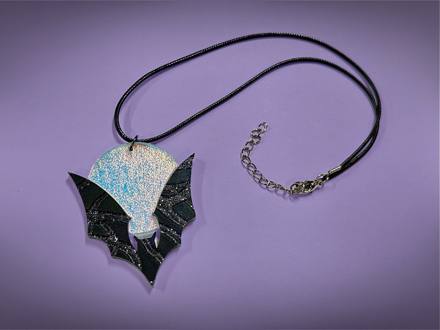 Bat and Full Moon Pendant | Black Crackle Glitter and Textured Iridescent Halloween Necklace - Painted Raina