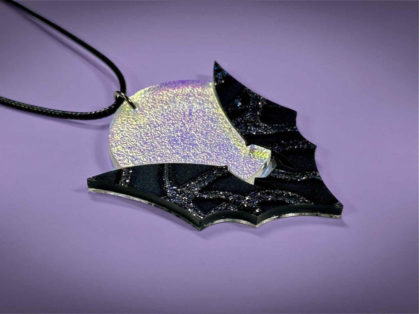 Bat and Full Moon Pendant | Black Crackle Glitter and Textured Iridescent Halloween Necklace - Painted Raina