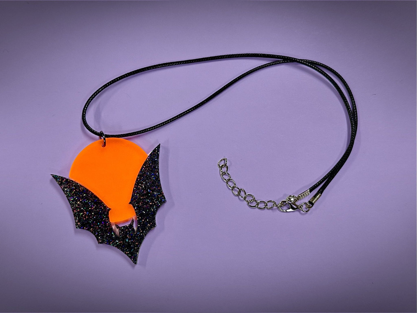 Bat and Full Moon Pendant | Black Rainbow Glitter and Fluorescent Matte Orange Halloween Necklace - Painted Raina