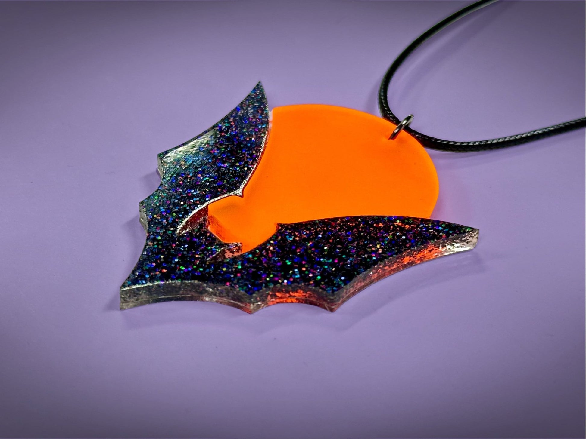 Bat and Full Moon Pendant | Black Rainbow Glitter and Fluorescent Matte Orange Halloween Necklace - Painted Raina