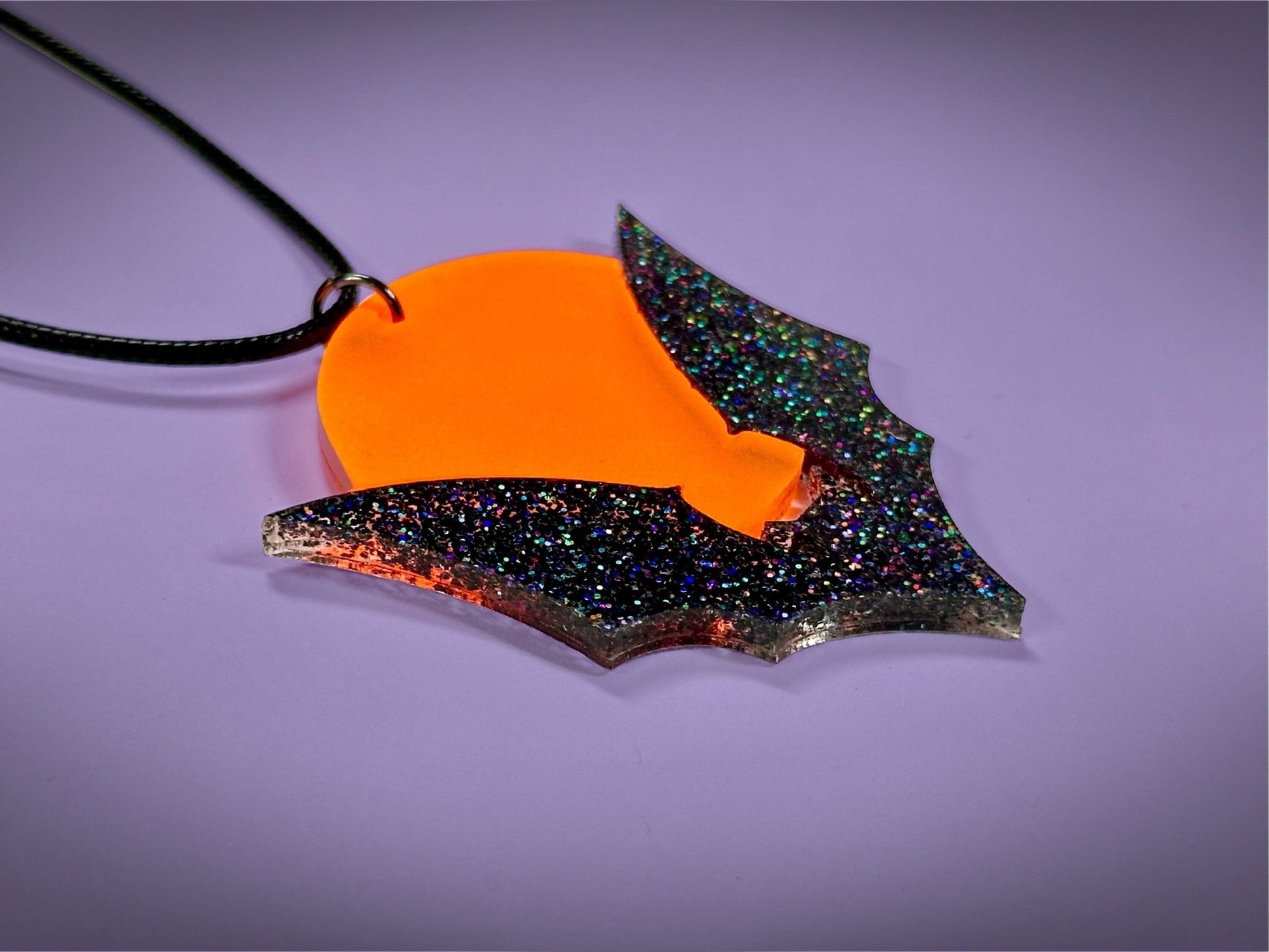 Bat and Full Moon Pendant | Black Rainbow Glitter and Fluorescent Matte Orange Halloween Necklace - Painted Raina