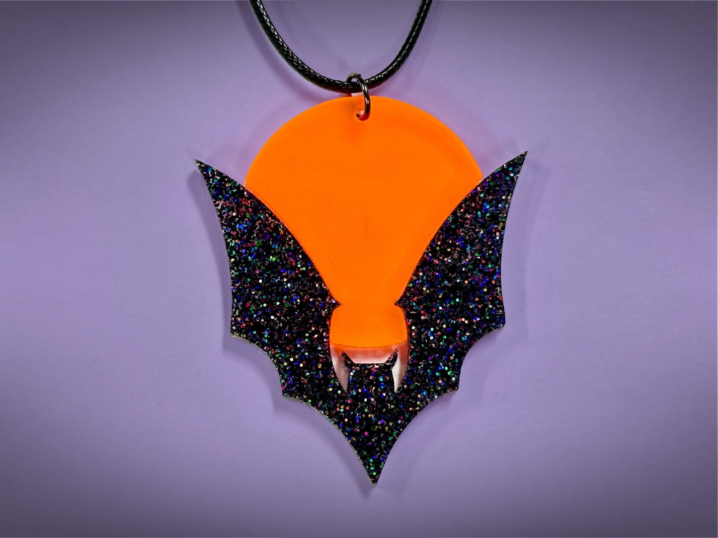 Bat and Full Moon Pendant | Black Rainbow Glitter and Fluorescent Matte Orange Halloween Necklace - Painted Raina