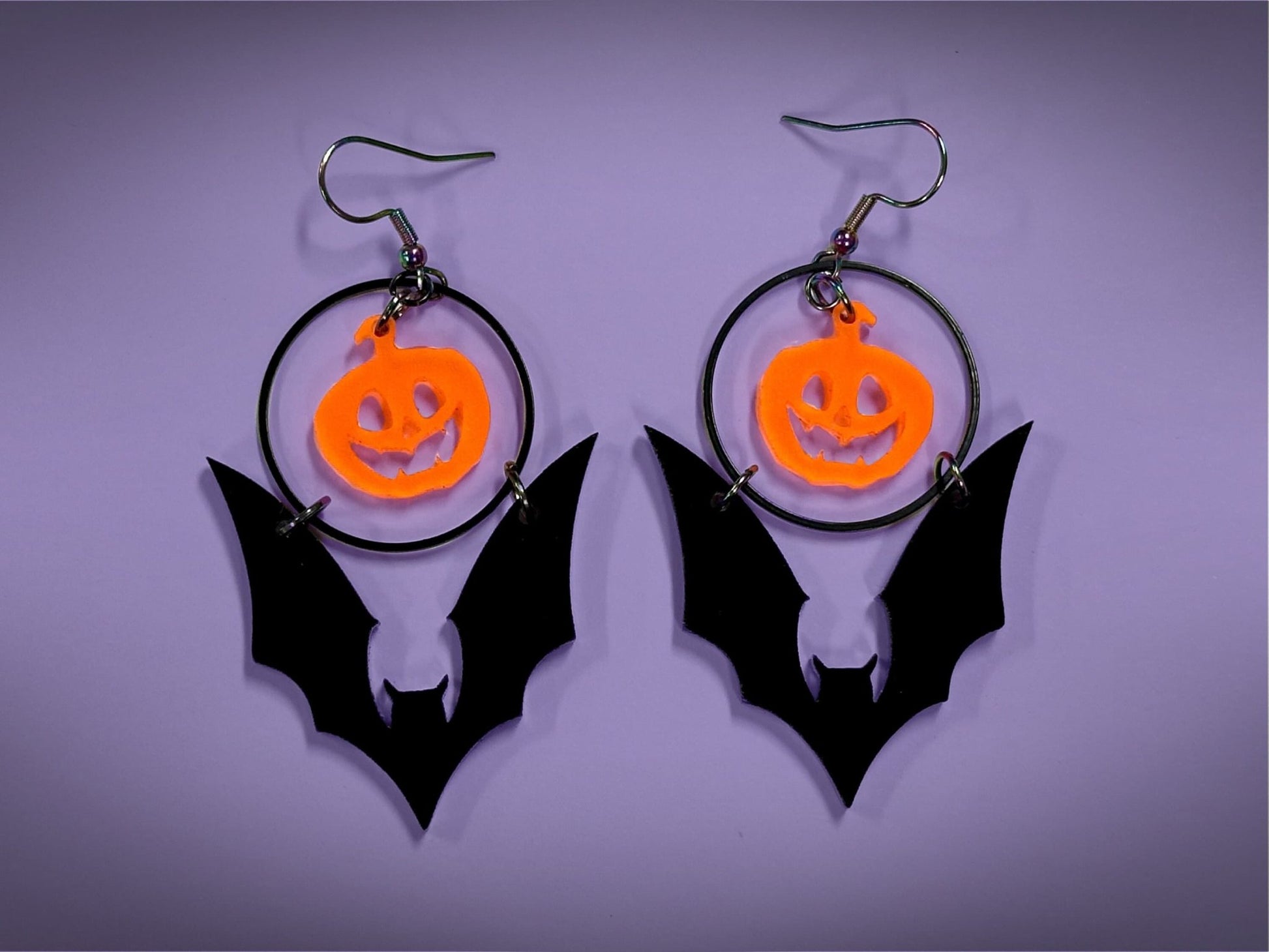 Bat and Pumpkin Earrings | Neon Halloween Novelty Dangles ! - Painted Raina