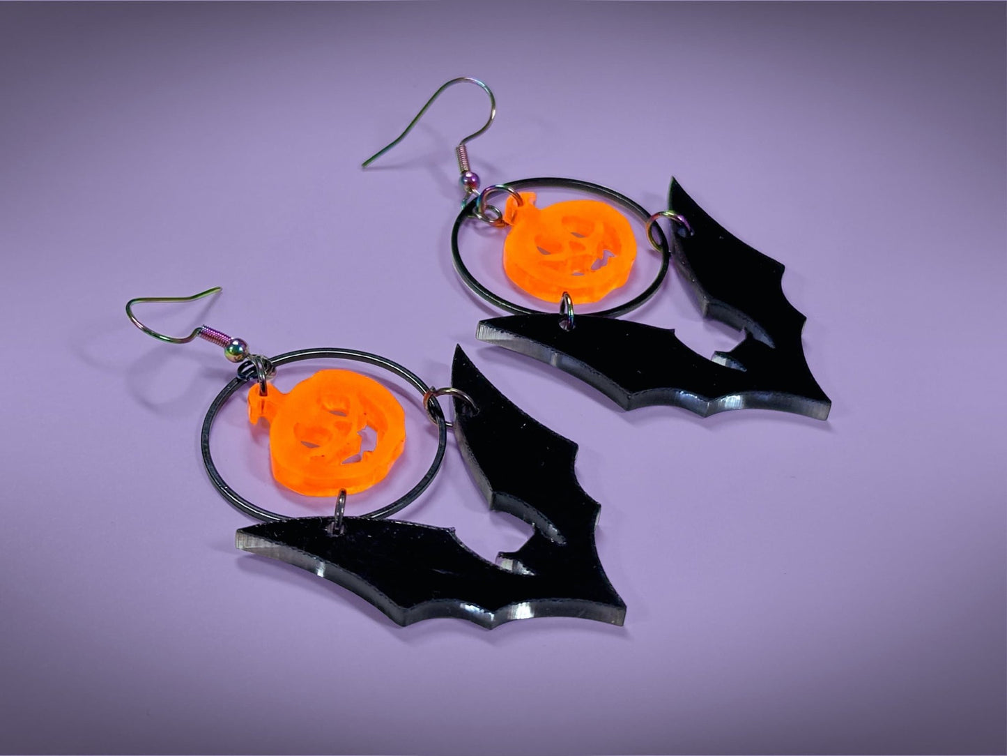 Bat and Pumpkin Earrings | Neon Halloween Novelty Dangles ! - Painted Raina