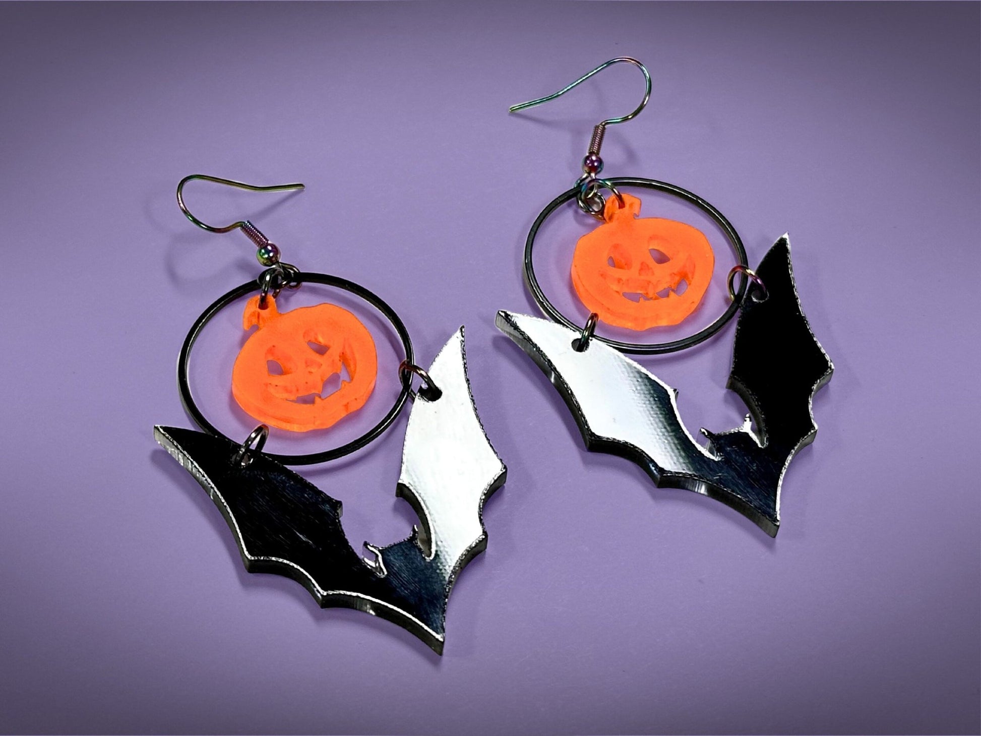 Bat and Pumpkin Earrings | Neon Halloween Novelty Dangles ! - Painted Raina