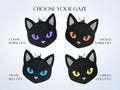 Black cat earring color options chart showing purple, orange, blue, and green eye variations