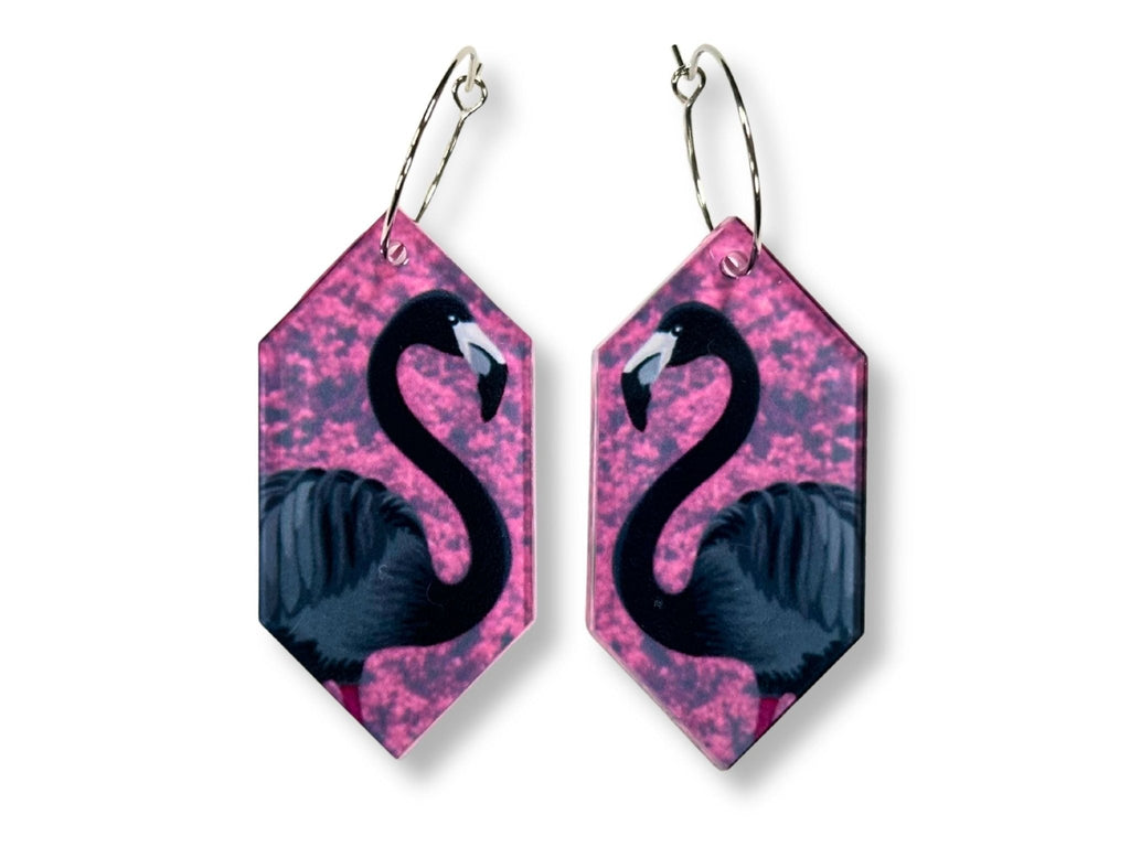 Arcadia Pink black flamingo geometric statement earrings with silver ear wires