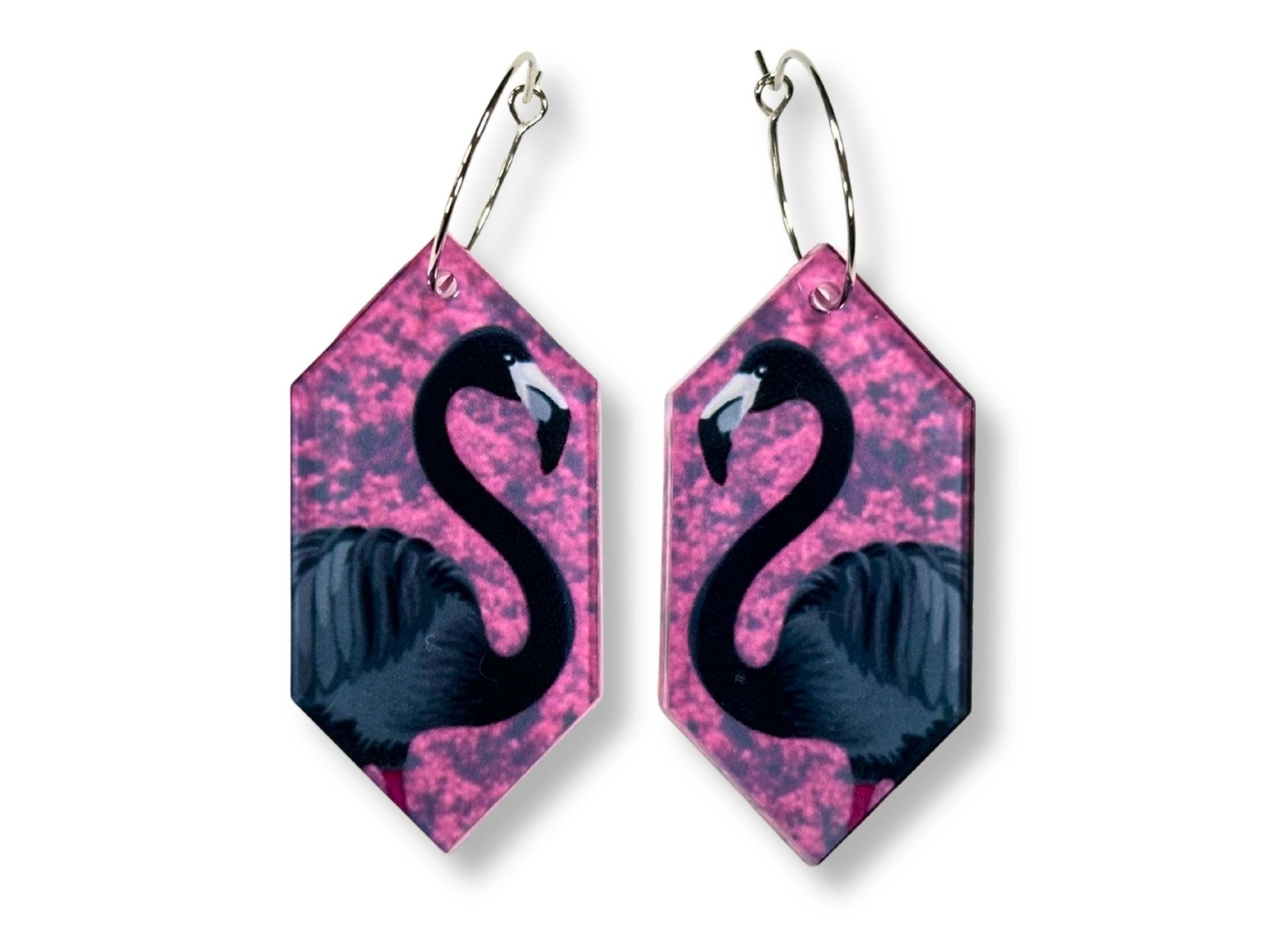 Arcadia Pink black flamingo geometric statement earrings with silver ear wires
