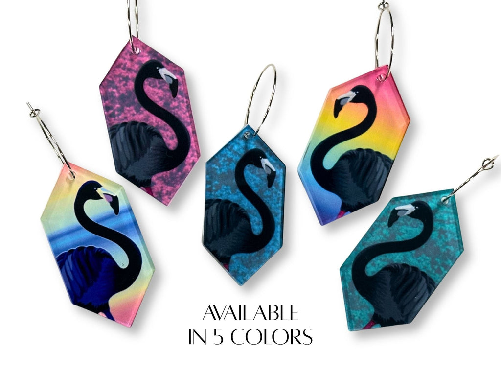 Five color variations of black flamingo sublimated geometric earrings