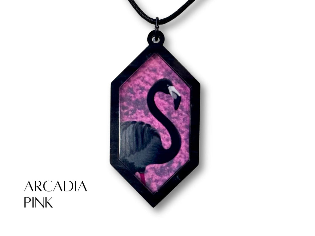 Arcadia Pink black flamingo pendant necklace front view