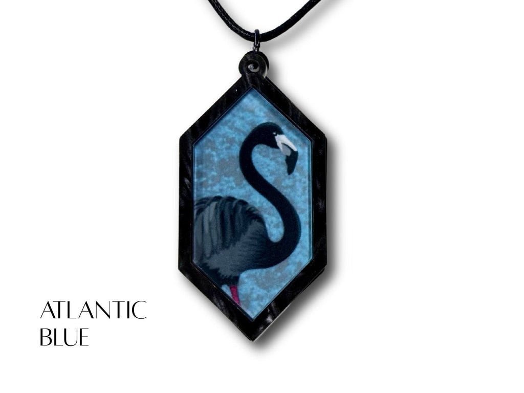 Atlantic Blue black flamingo pendant necklace with black faux leather cord