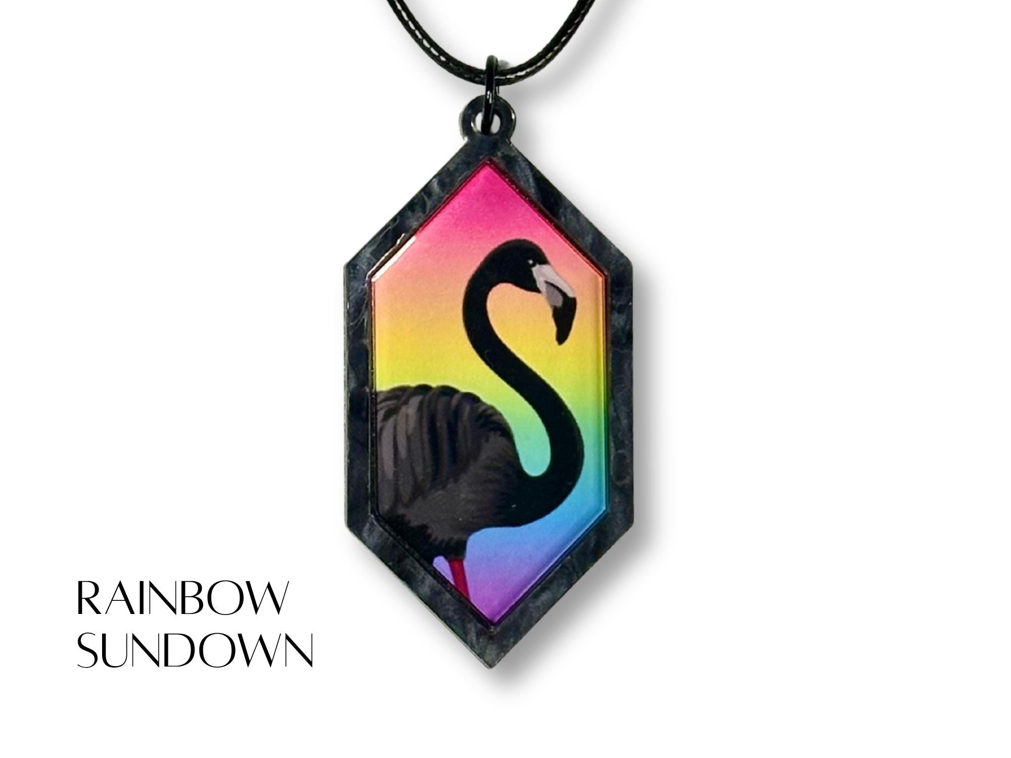 Rainbow Sundown rainbow flamingo pendant necklace with black acrylic frame