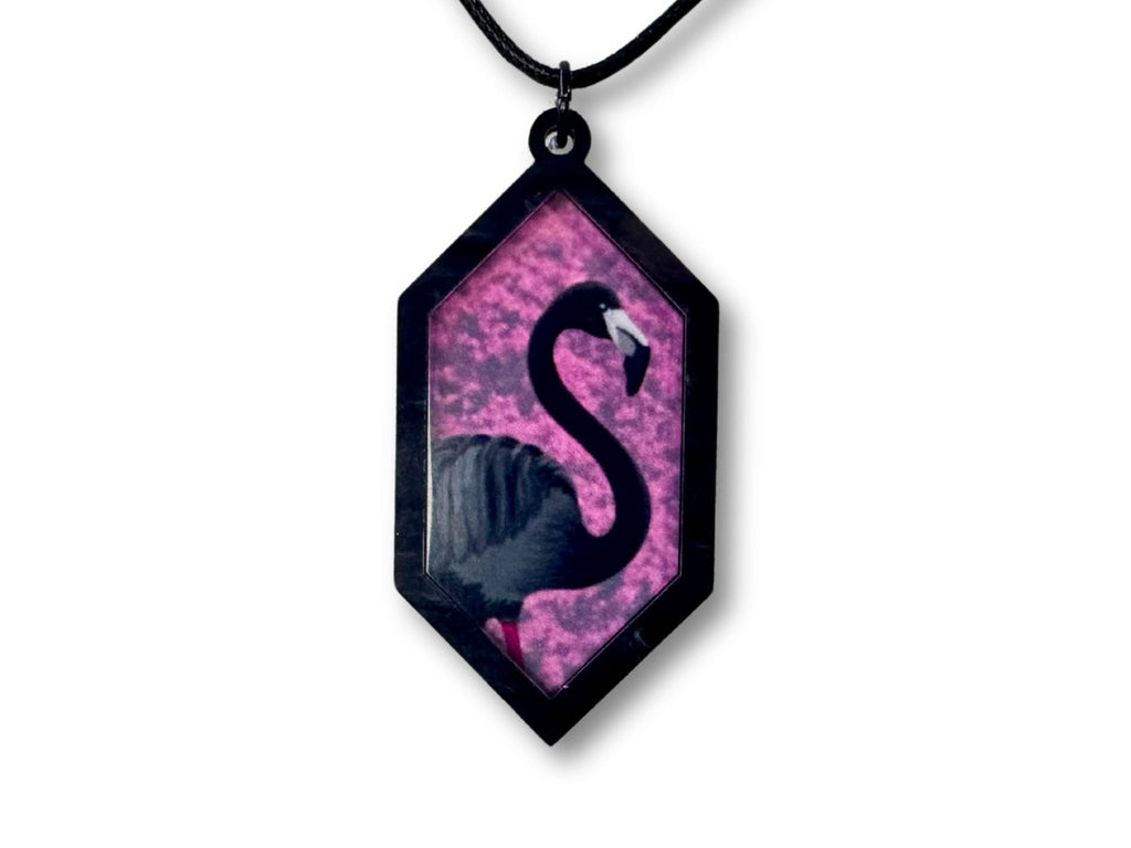 Black flamingo hexagon pendant necklace in Arcadia Pink with black pearl acrylic frame