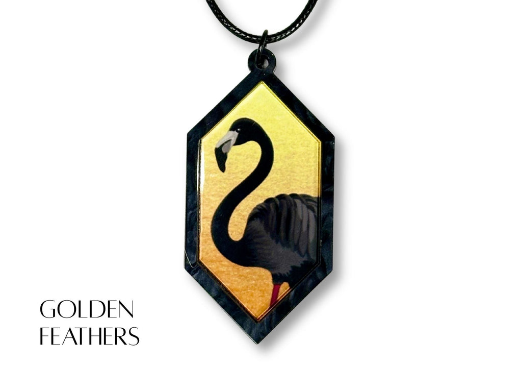 Golden Feathers yellow black flamingo pendant necklace close-up