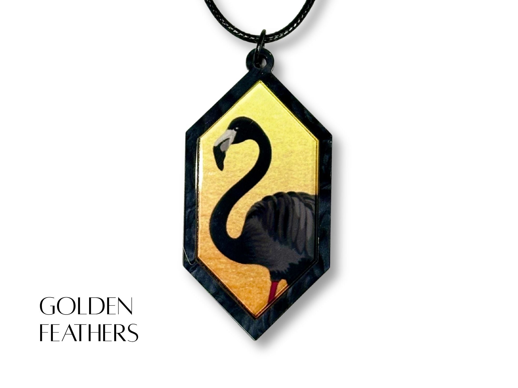 Golden Feathers yellow black flamingo pendant necklace close-up