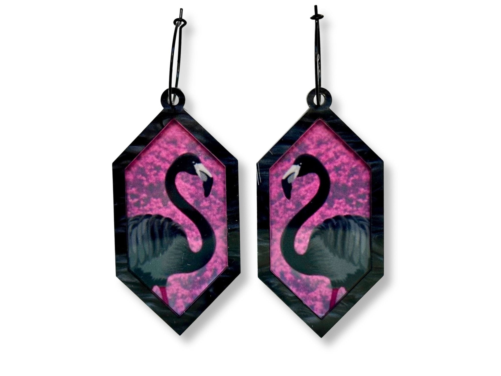 Arcadia Pink flamingo hexagon dangle earrings with black pearl acrylic frame