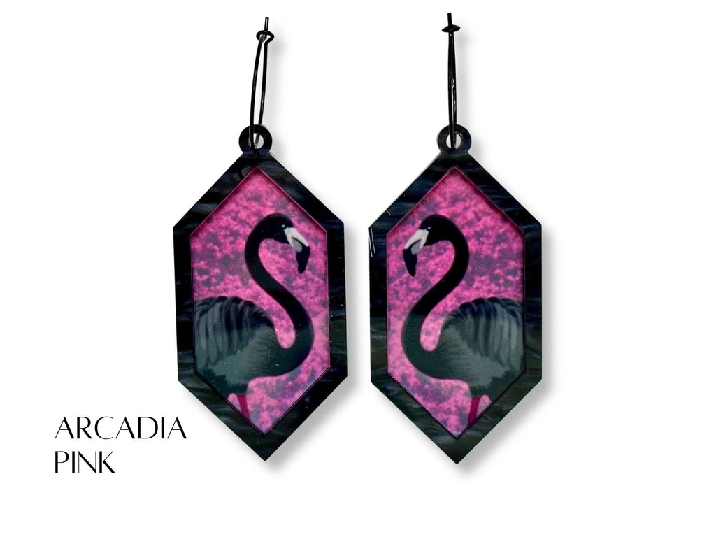 Rainbow Sundown black flamingo dangle earrings
