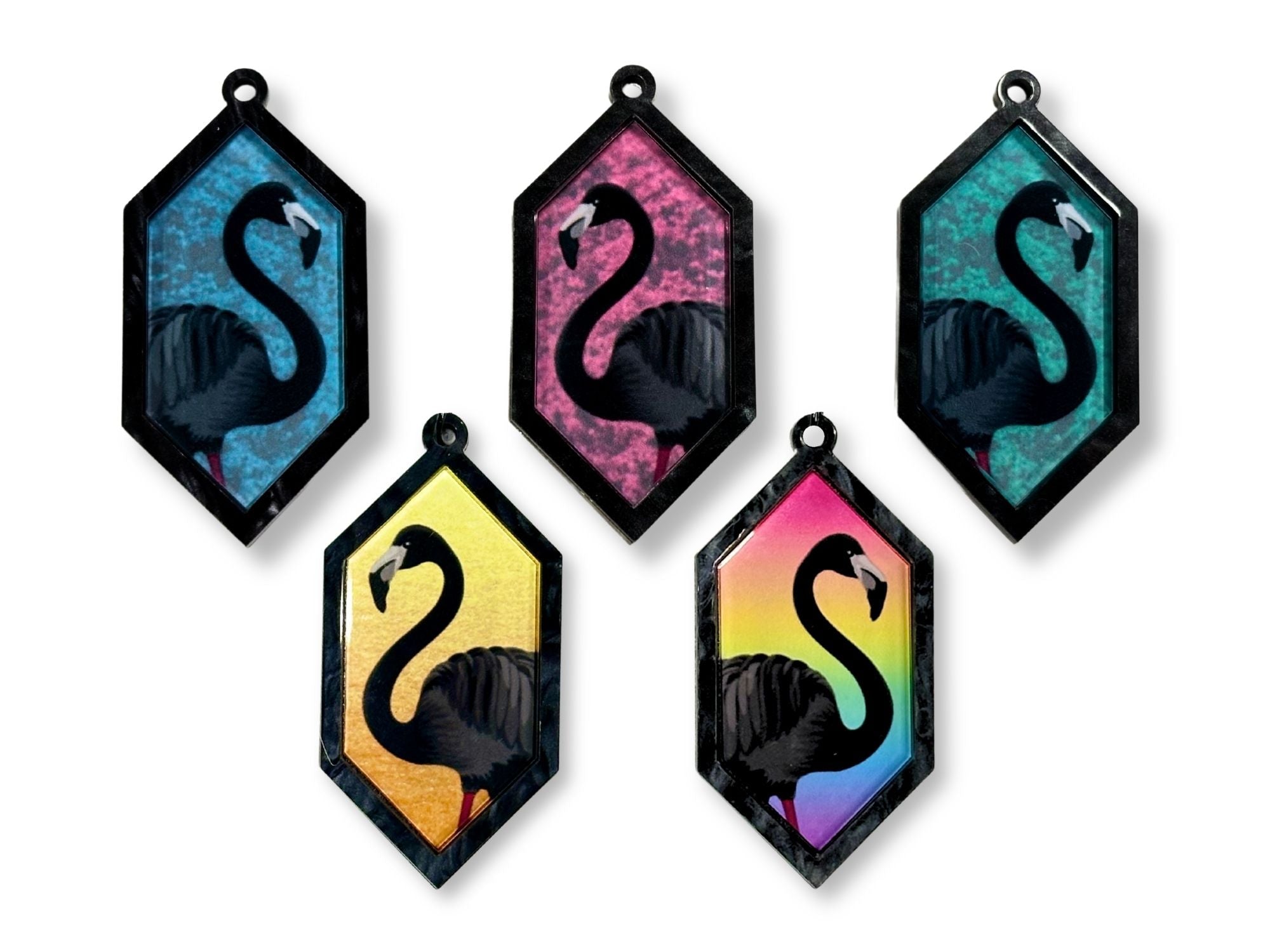 Five color variations of flamingo hexagon dangle earrings collection