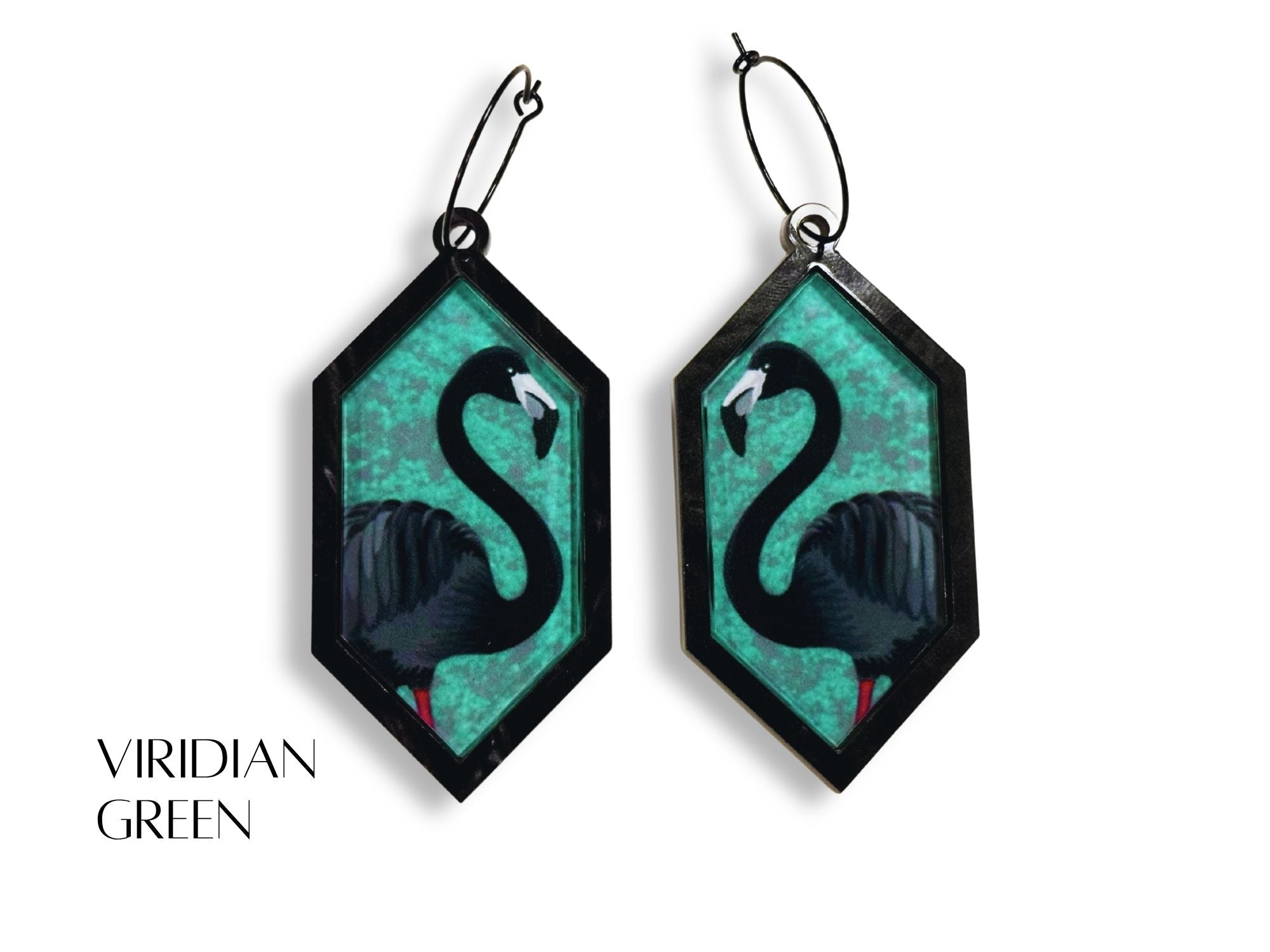 Viridian Green flamingo hexagon earrings with black acrylic frame