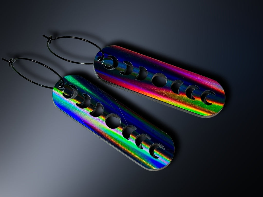 Black Magic moon phase earrings with vivid blue, green, red and purple iridescent finish