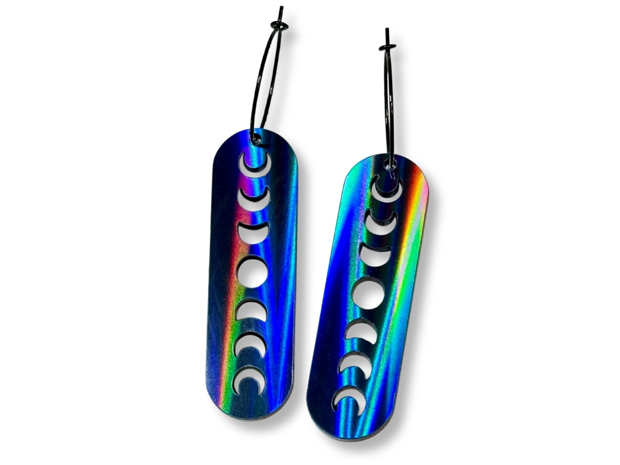 Black Magic iridescent moon phase earrings with rainbow color-shifting finish