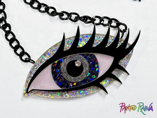 Black Magic Woman Eye Necklace - Gray & Holo Silver - Painted Raina