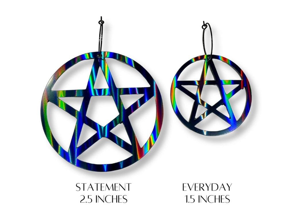 Size comparison chart of statement and everyday black rainbow pentagram hoop earrings