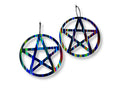 Black rainbow pentagram hoop earrings in iridescent acrylic on white background