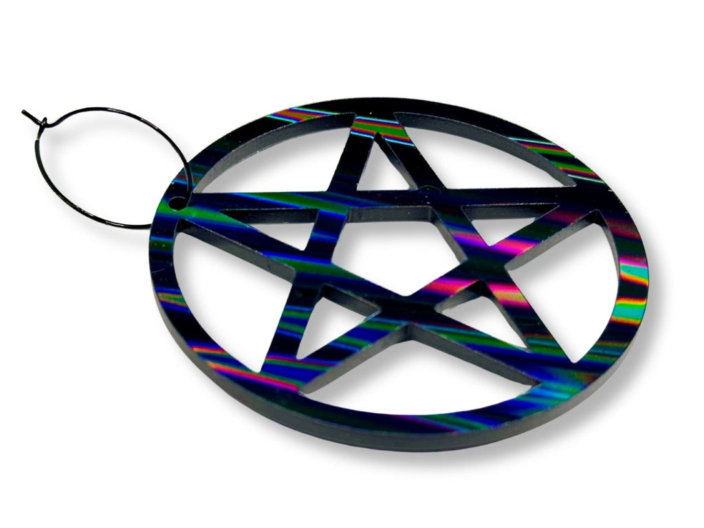Side angle detail view of iridescent pentagram acrylic hoop earring