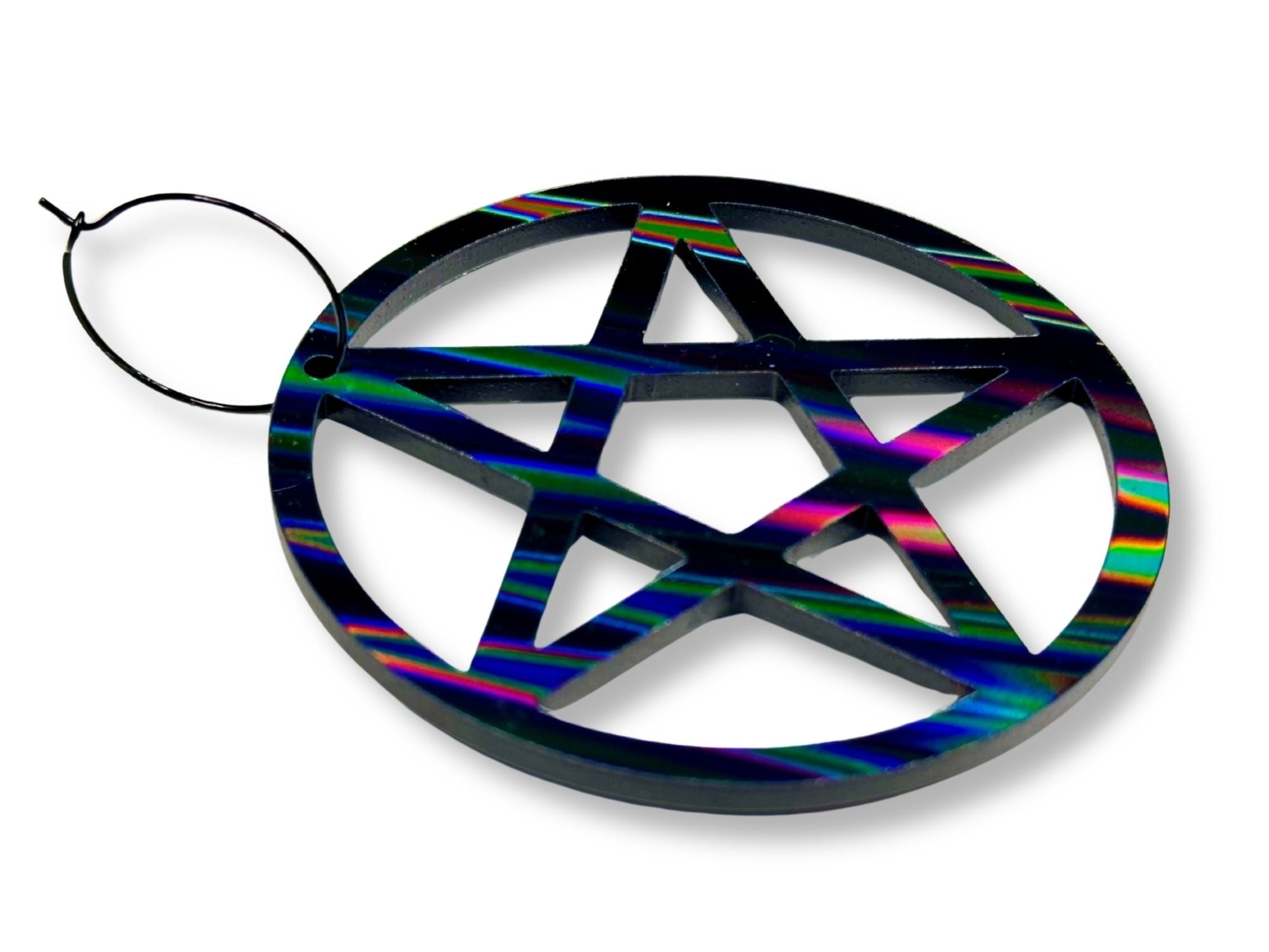 Side angle detail view of iridescent pentagram acrylic hoop earring
