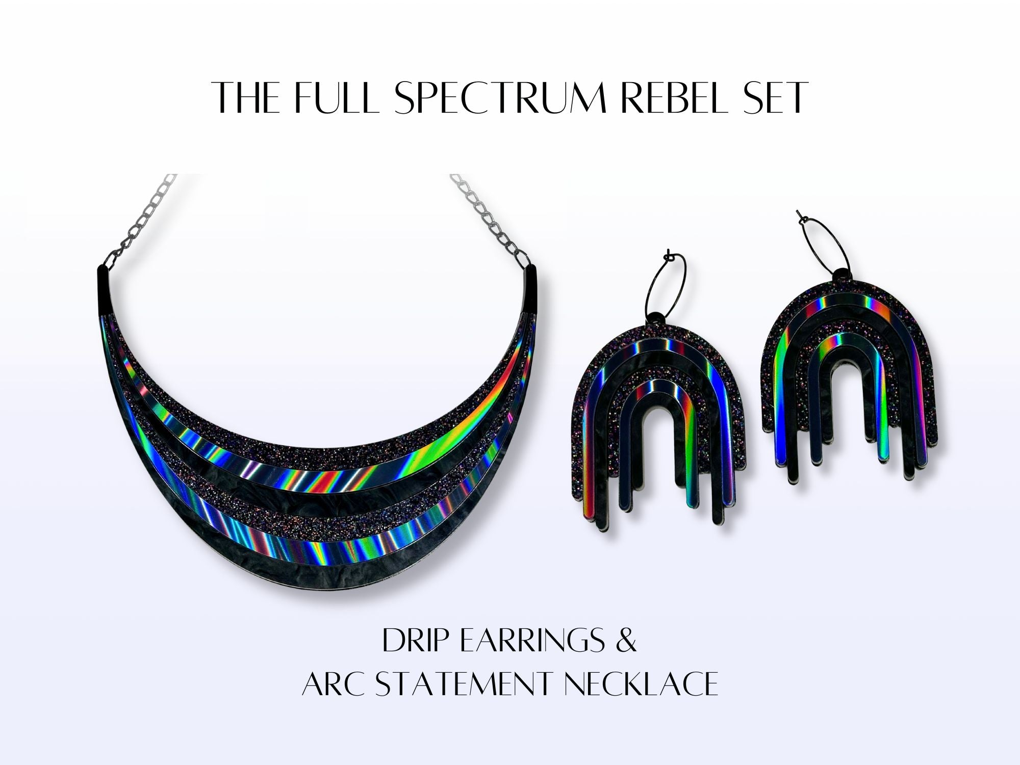 Product card showing The Full Spectrum Rebel Set with matching necklace and earrings