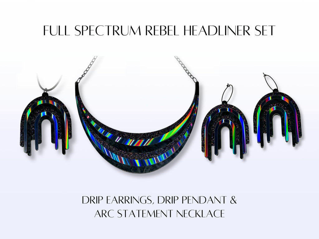 Product card showing The Full Spectrum Rebel Headliner Set with matching jewelry pieces