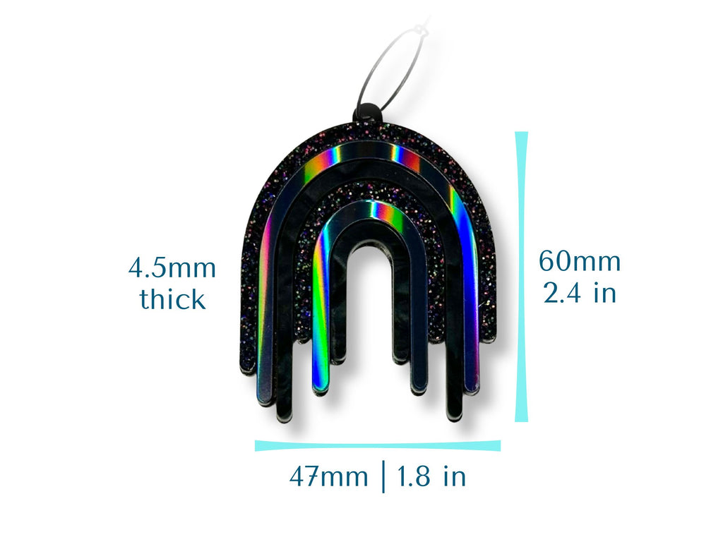 Full Spectrum Rebel Black Rainbow earrings size chart showing 60mm height, 47mm width, and 4.5mm thickness.