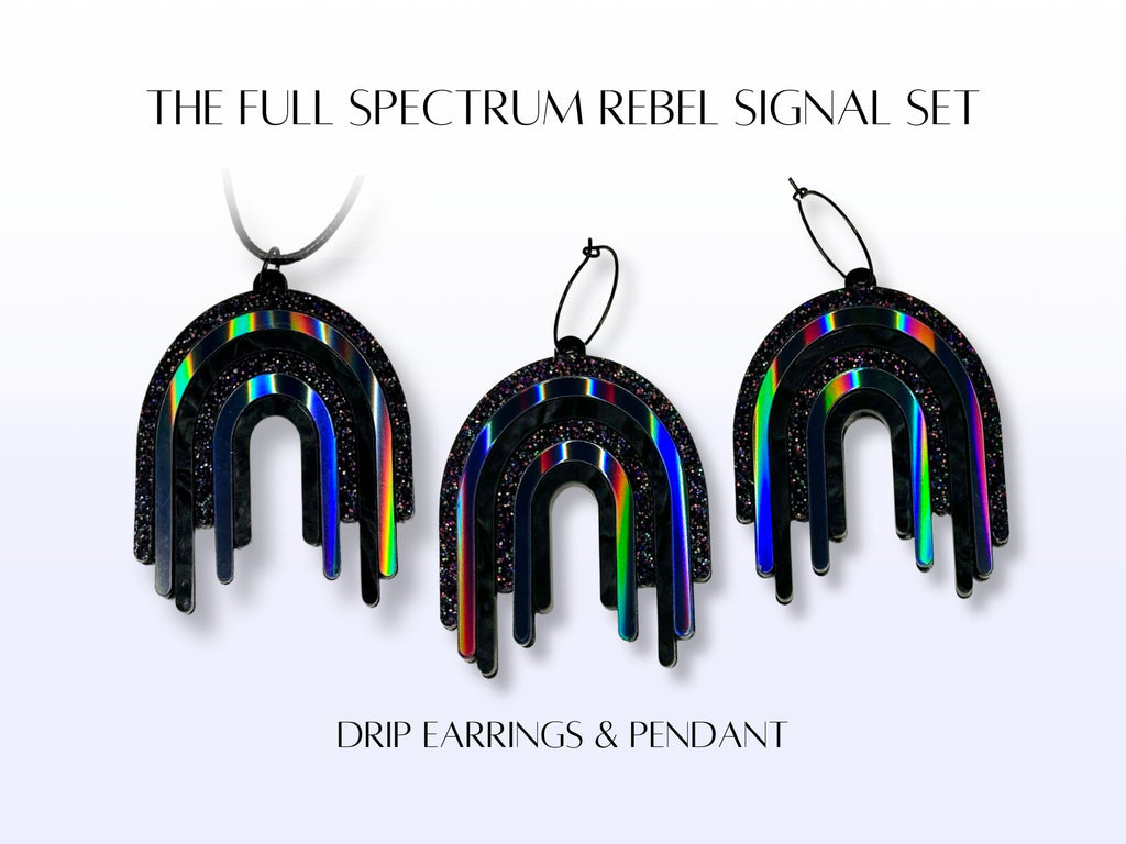 Product card showing The Full Spectrum Rebel Signal Set with matching earrings and pendant