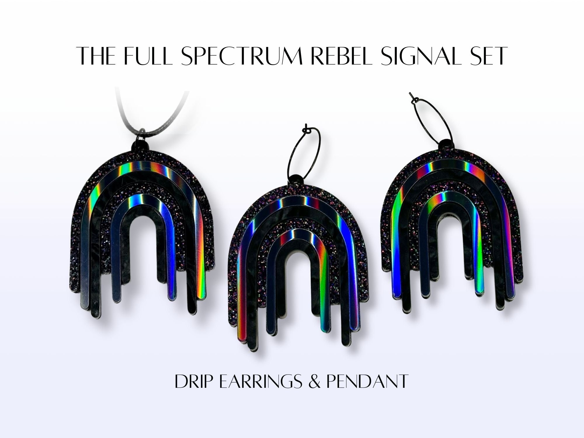 Product card showing The Full Spectrum Rebel Signal Set with matching earrings and pendant