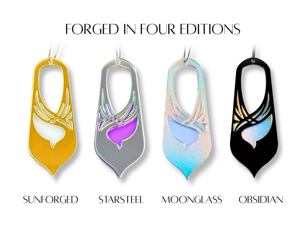 Bronwyn statement earrings shown in four colorways including Sunforged, Starsteel, Moonglass, and Obsidian