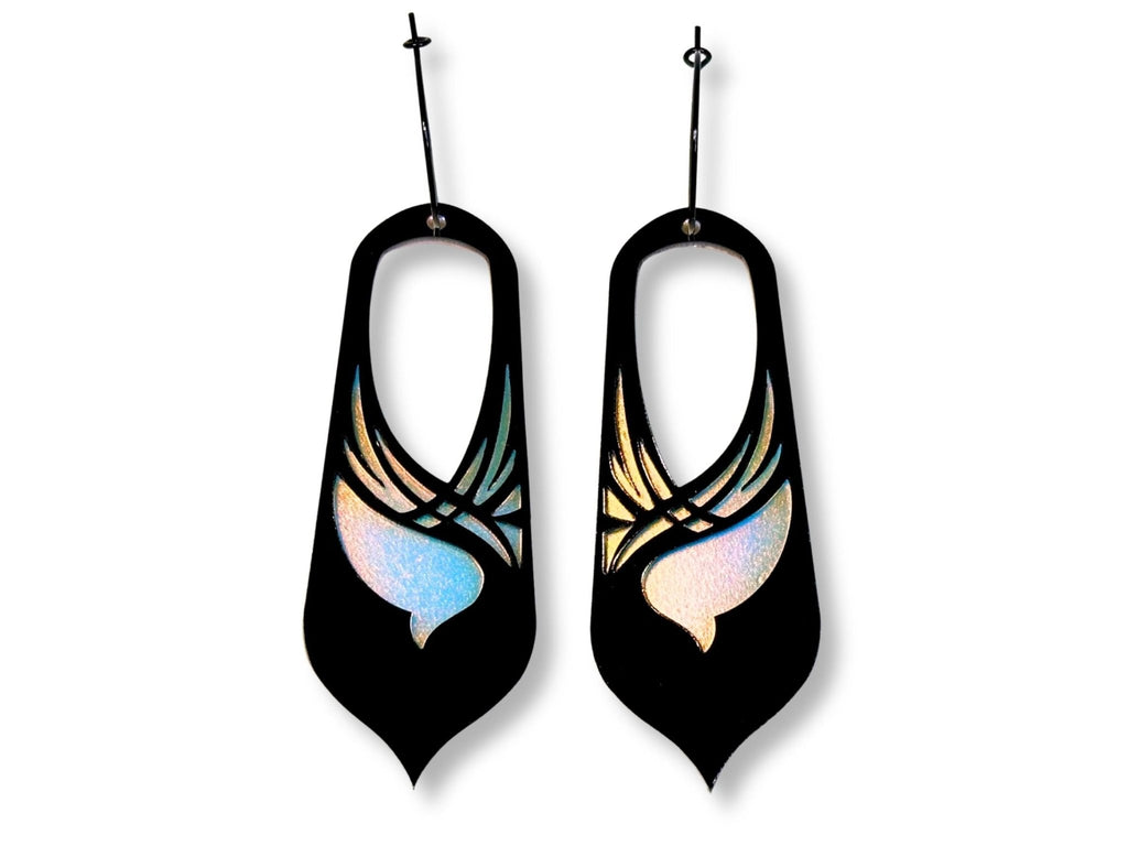 Black and iridescent Bronwyn statement earrings inspired by fantasy heroine aesthetics on white background