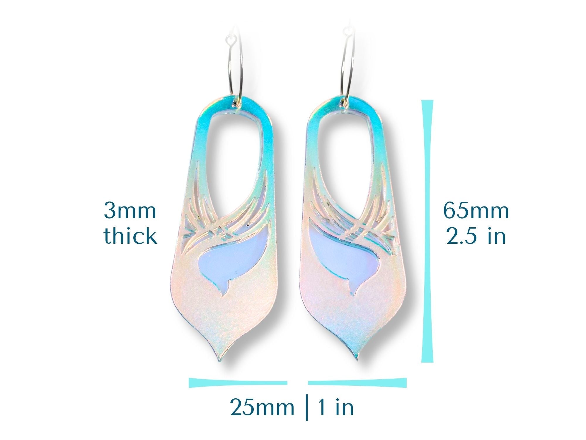 Bronwyn statement earring size chart showing 65mm height and 25mm width dimensions