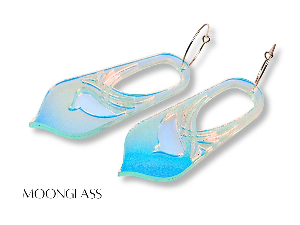 Blue iridescent Moonglass Bronwyn statement earrings on white background